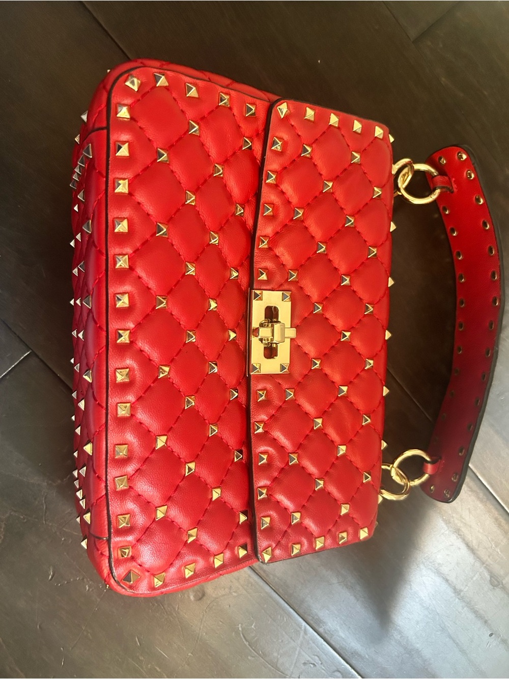 Red Quilted Studded Bag with Gold Hardware